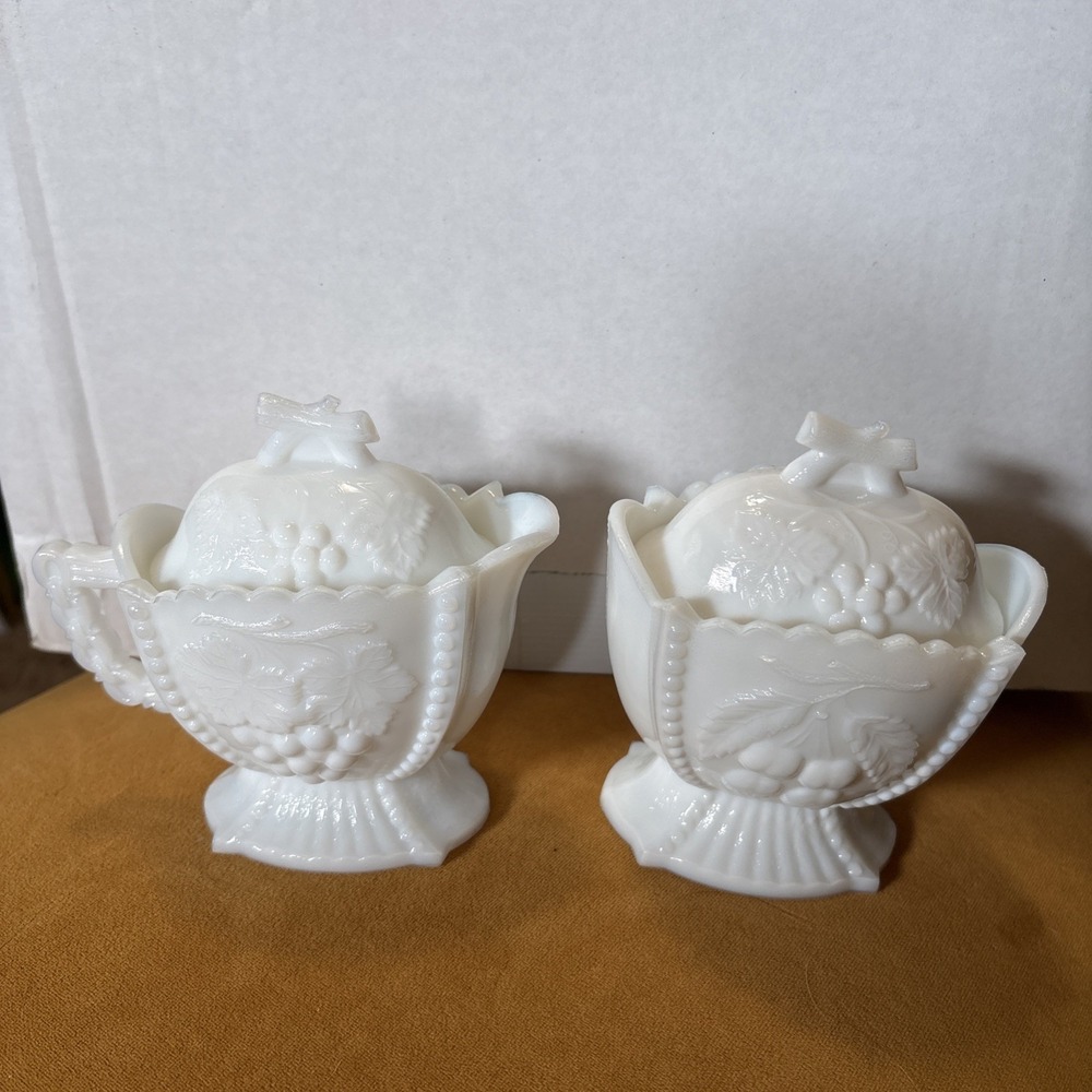 Westmoreland Milk Glass Creamer and Sugar Set‎ Lidded Vintage "Cherry & Grape"